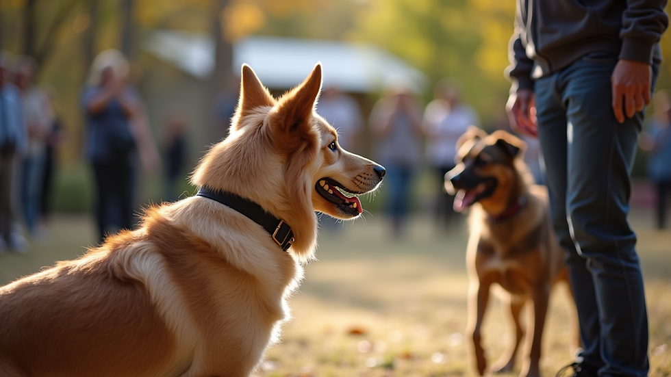 Wide angle view of a dog training class in session