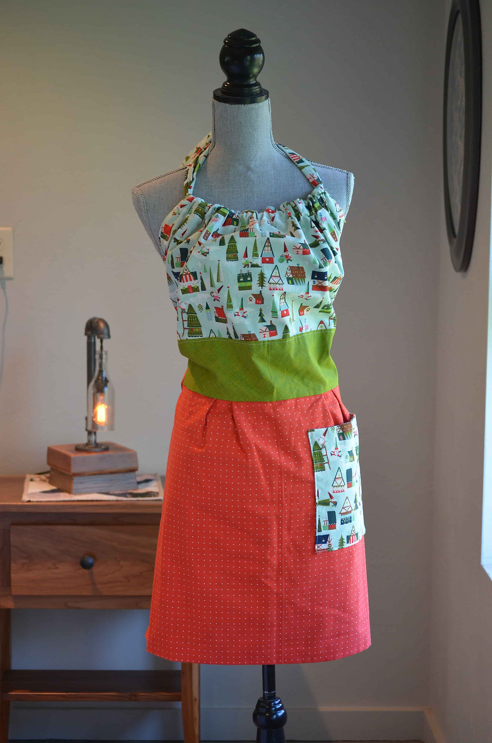 reversible apron on dress form