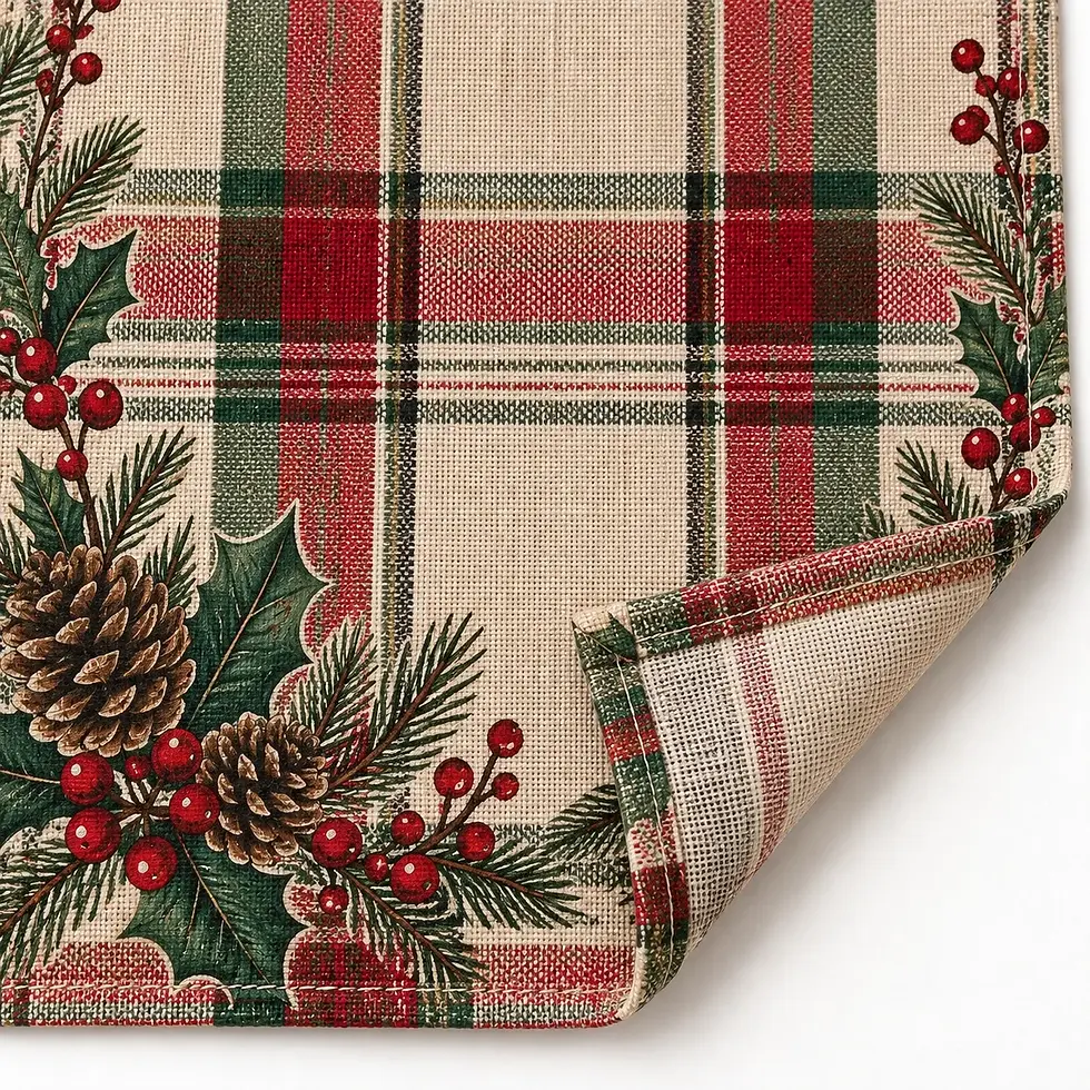 Thumbnail: Red Green Plaid Tartan Christmas Table Runner with Pine Cone Design