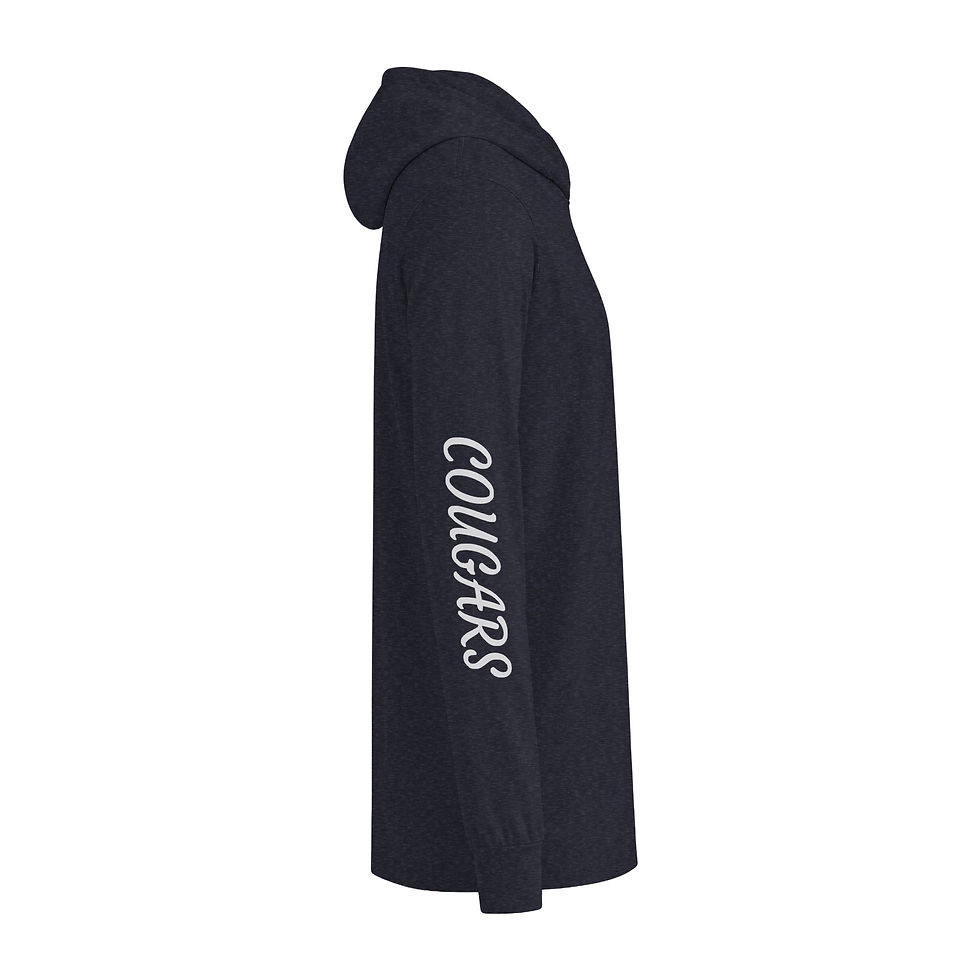 Thumbnail: Embroidered 'E' Hooded Long Sleeve Tee — Collegiate Script Sleeves