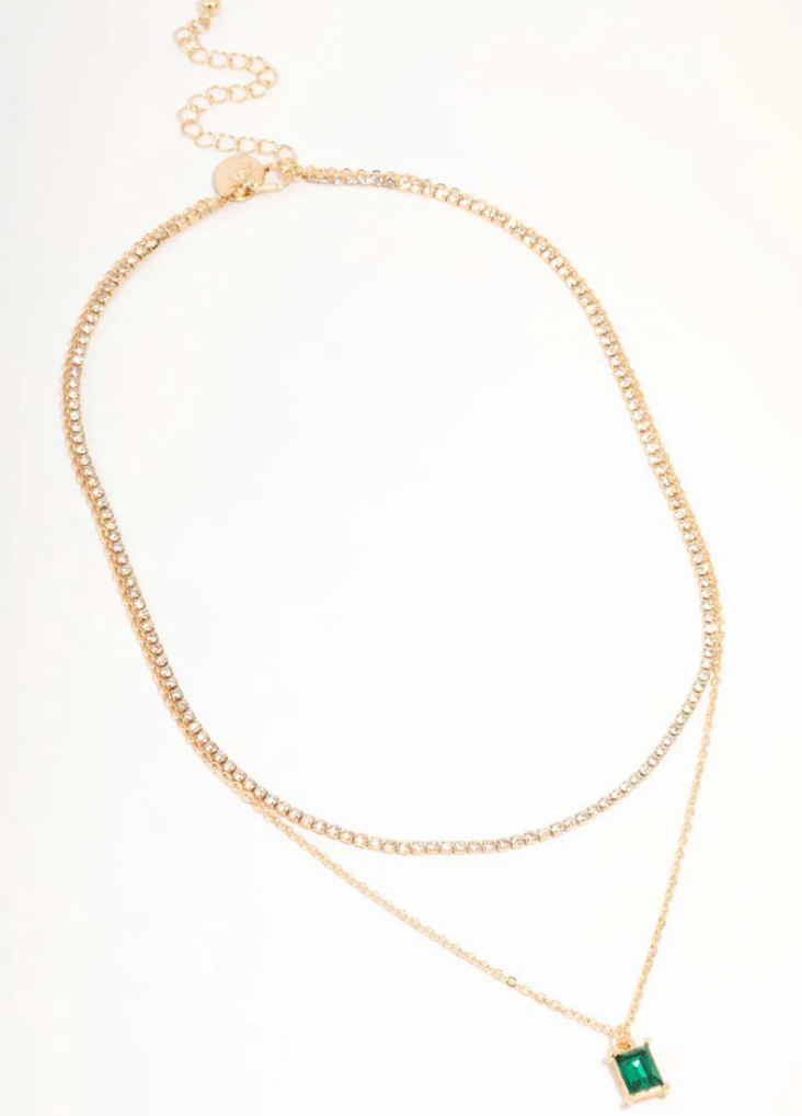 Thumbnail: Gold & Green Diamante Layered Chain Necklace