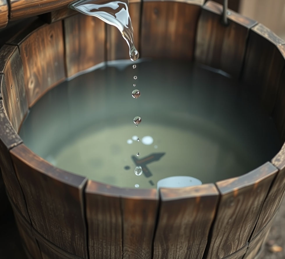A conceptual illustration of the 'Stress Bucket' used in dog training. Water droplets labeled with common triggers (loud noises, leash tension, strange dogs) fill a bucket, representing cumulative arousal. The water level is at the brim, signifying a dog reaching its behavioral threshold where reactivity begins.