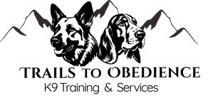 Trails To Obedience logo featuring a German Shepherd and a Bloodhound, symbolizing the full spectrum of canine drive and biology. Set against a mountain backdrop, the image reinforces the '24/7 Trainer' lifestyle and the journey toward reliable K9 obedience.