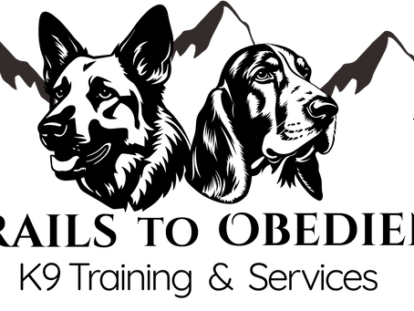 Trails To Obedience logo featuring a German Shepherd and a Bloodhound, symbolizing the full spectrum of canine drive and biology. Set against a mountain backdrop, the image reinforces the '24/7 Trainer' lifestyle and the journey toward reliable K9 obedience.