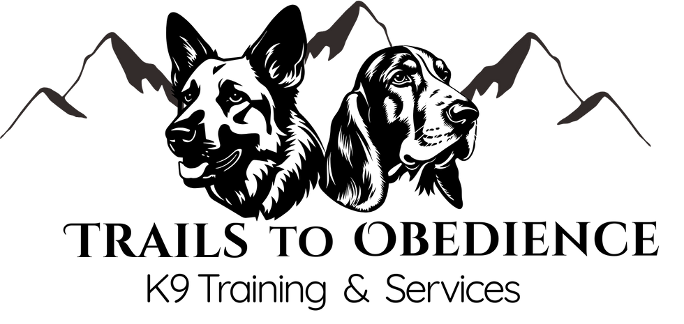 Trails To Obedience logo featuring a German Shepherd and a Bloodhound, symbolizing the full spectrum of canine drive and biology. Set against a mountain backdrop, the image reinforces the '24/7 Trainer' lifestyle and the journey toward reliable K9 obedience.