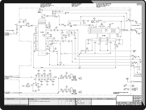 A gif of a tablet showing how Tags within a CAD drawing are automatically extracted to unlock access to engineering content from the CAD drawing interface. This is represented by a vertical orange line scanning across a native CAD file and highlighting tags as it goes to create HotSpots and access SAP directly from the tags.