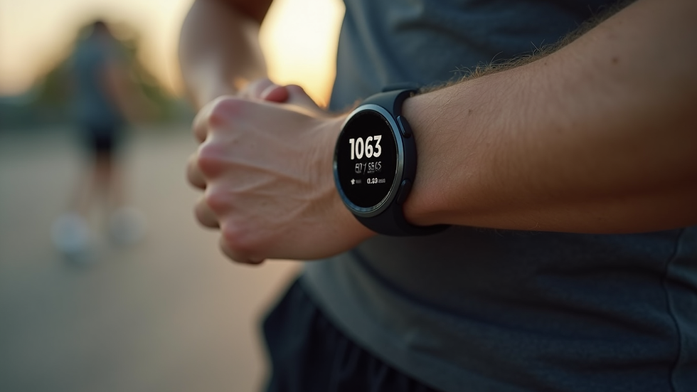 Close-up view of a fitness tracker displaying workout data
