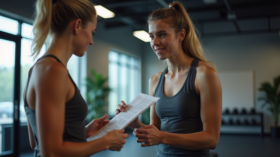 Eye-level view of a fitness coach explaining workout plan to a client
