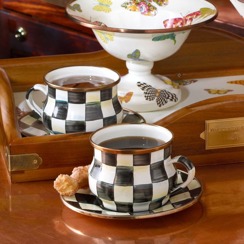 Mackenzie-Childs Courtly Check, Black and White Checked Enamel Teacup