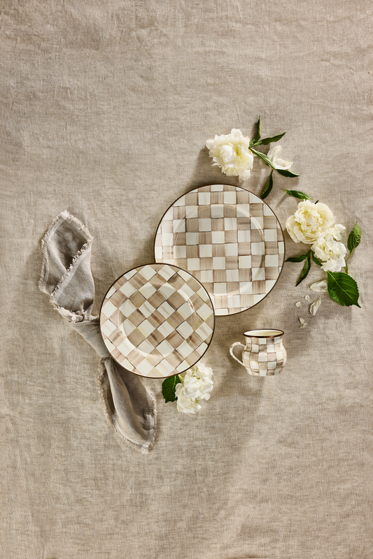 Mackenzie-Childs Mocha Check, brown and white checked charger plate