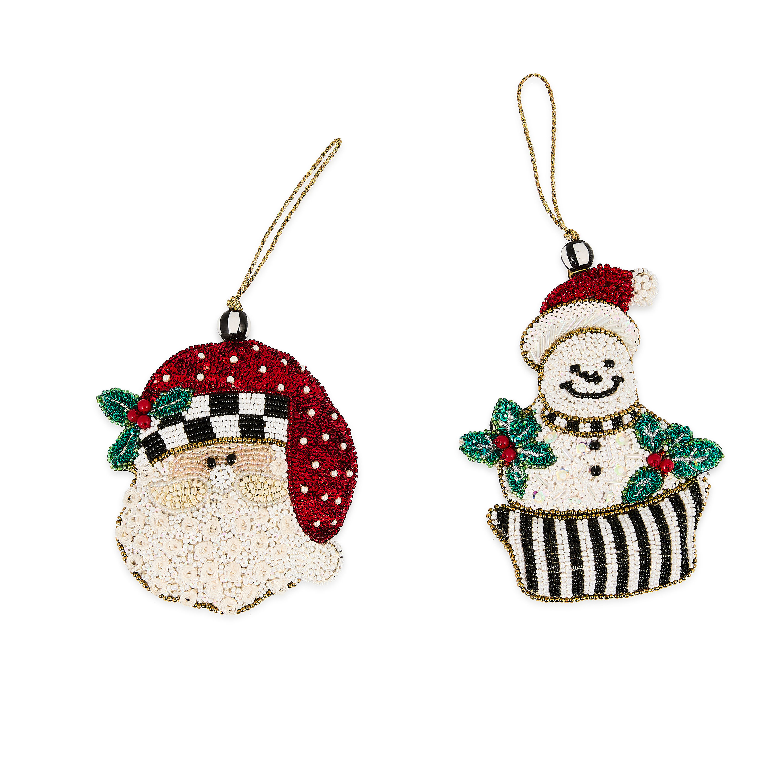 MacKenzie-Childs Holiday Beaded Santa & Snowman Ornament set of 2