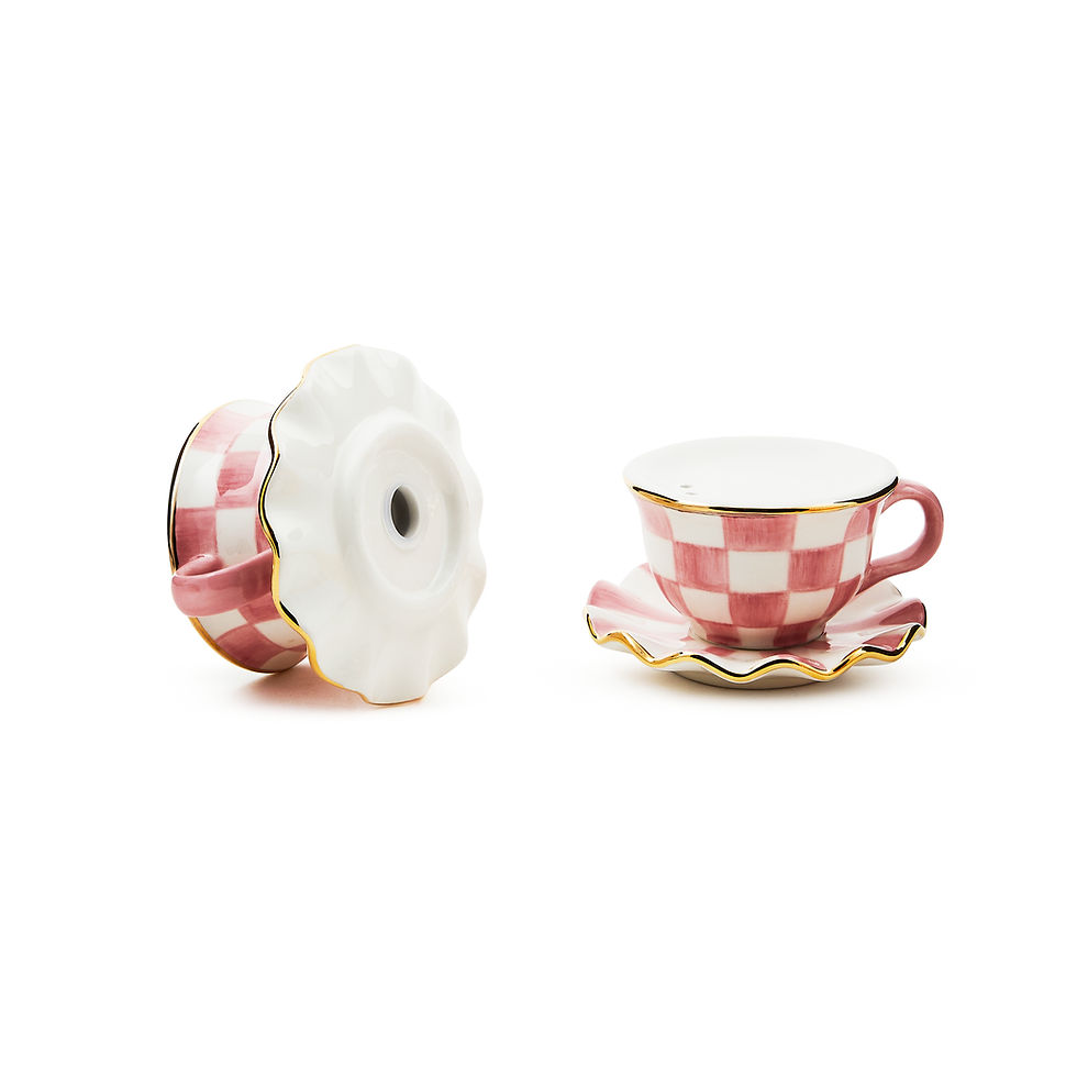 Thumbnail: Mackenzie-Childs Rosy Check, pink and white checked teacup and saucer shaped salt and pepper set