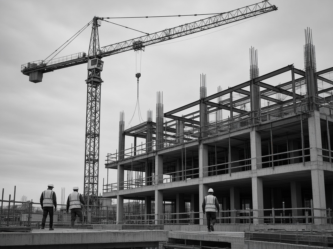 Tower crane and concrete building frame under construction, with workers in hi-vis on site