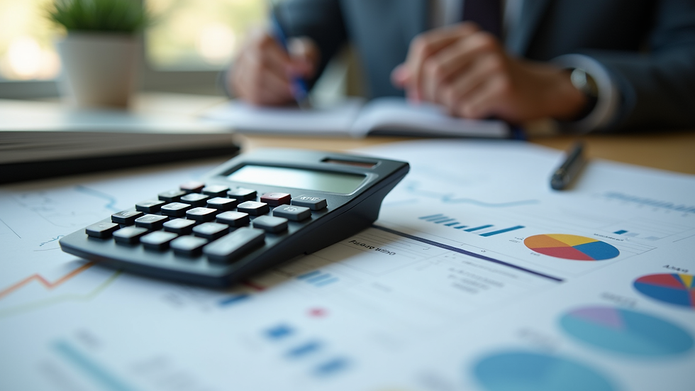 Eye-level view of a calculator and financial documents on a desk