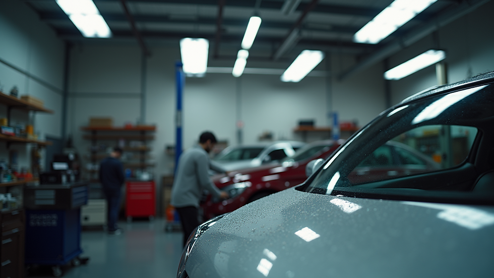 High-angle view of a well-organized car detailing workspace