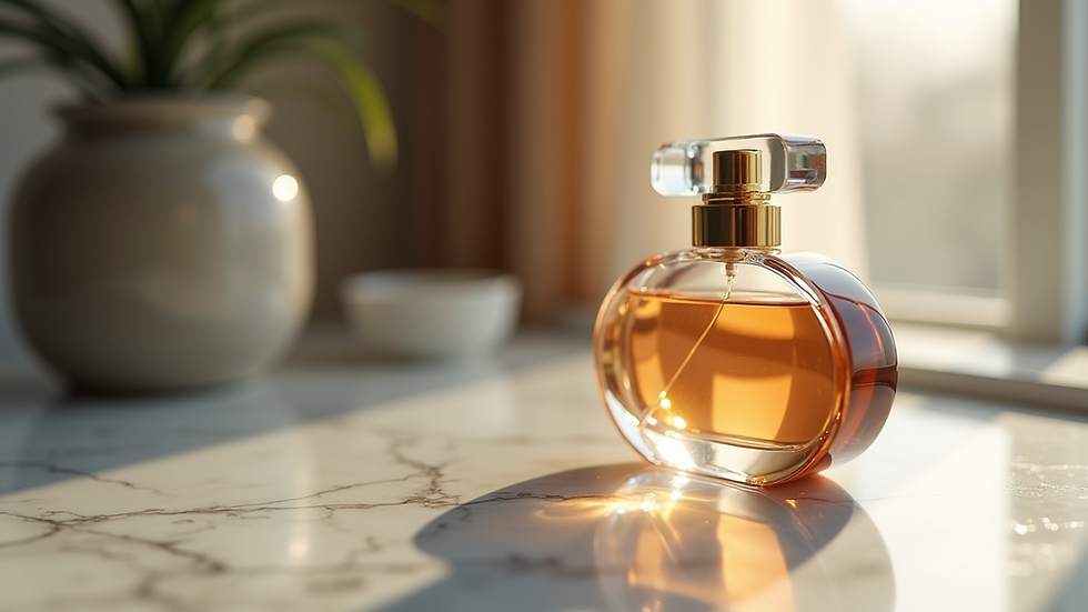 Close-up view of a luxurious perfume bottle on a marble surface