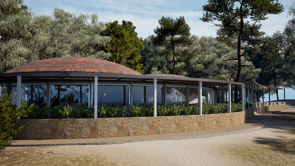 Render of restaurant exterior in Cyprus with trees in the background during the day