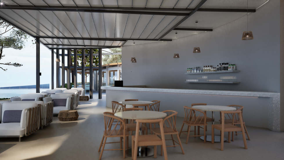 Render of restaurant interior cafe area with bar, tables and chairs during the daytime
