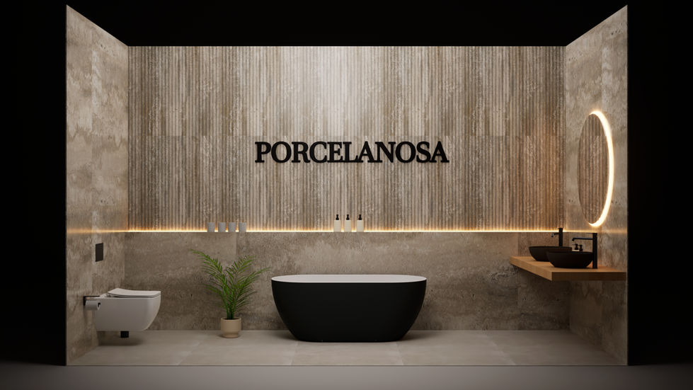 Render of bathroom layout including Porcelanosa tiles and Noken washbasin furniture and toilet