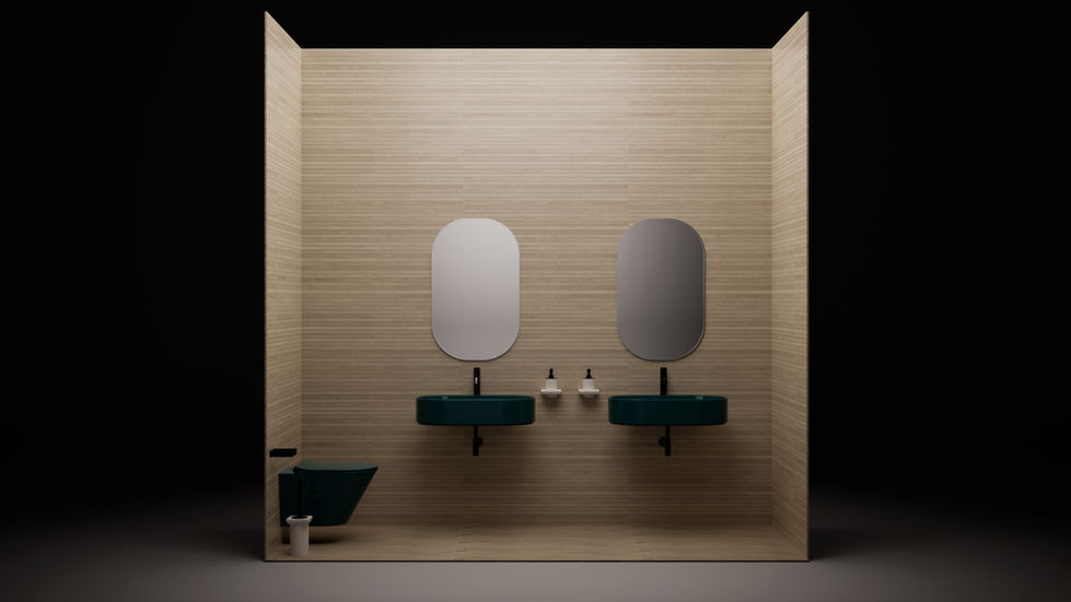 Render of bathroom layout including Porcelanosa tiles and Fantini washbasin furniture and Noken