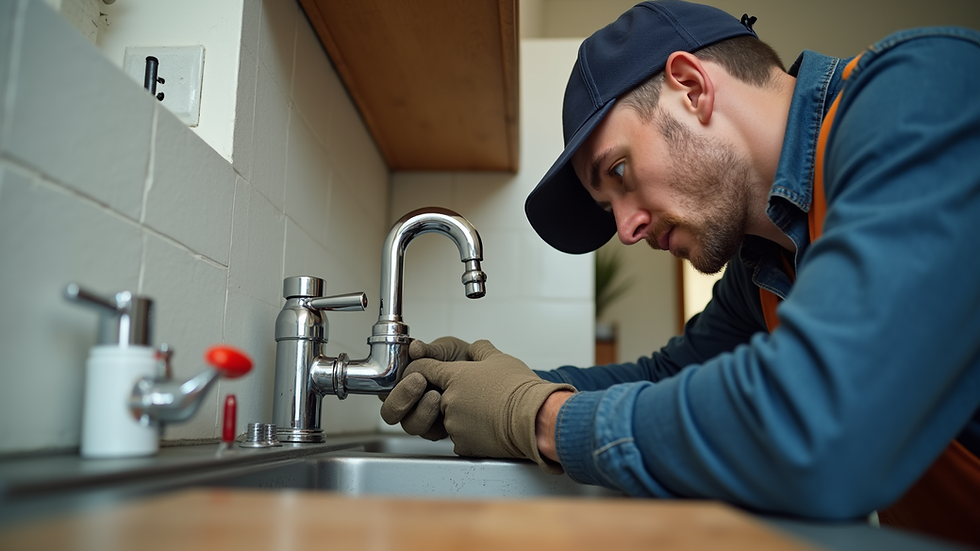 Eye-level view of a handyman fixing a kitchen faucet
