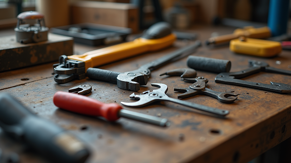 Close-up view of a handyman's toolkit on a workbench