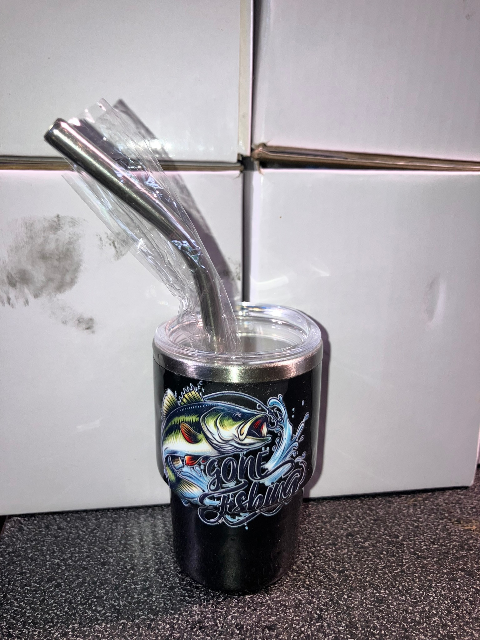 Black "Gone Fishing" shot cup