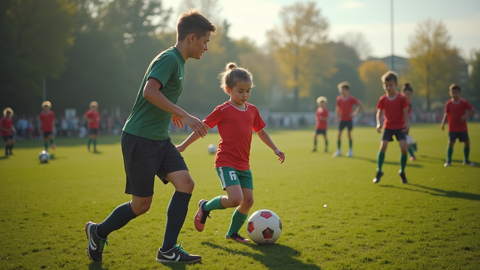 High angle view of a football training session with young children and a coach