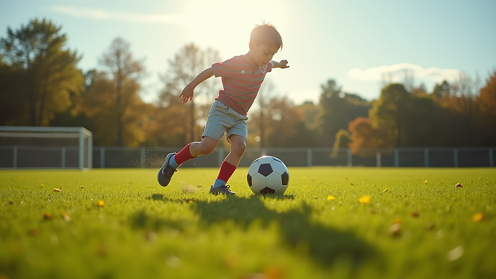 Eye-level view of a young child kicking a football on a green field