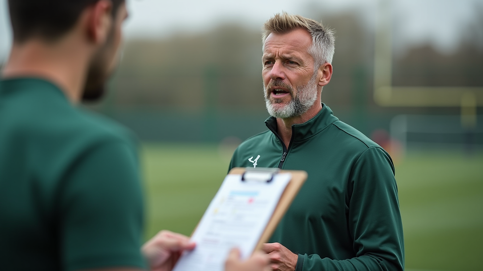 Close-up view of a football coach explaining tactics on a clipboard