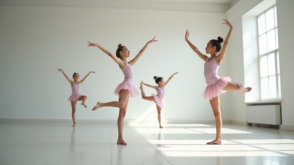 Eye-level view of a small acro group practicing balance moves in a bright studio