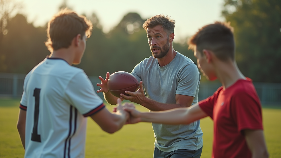 Close-up view of a football coach demonstrating a passing technique to a young player
