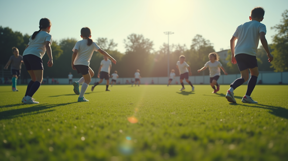 Eye-level view of a football pitch with children practicing drills