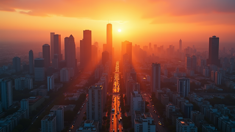 High angle view of a vibrant cityscape during sunset