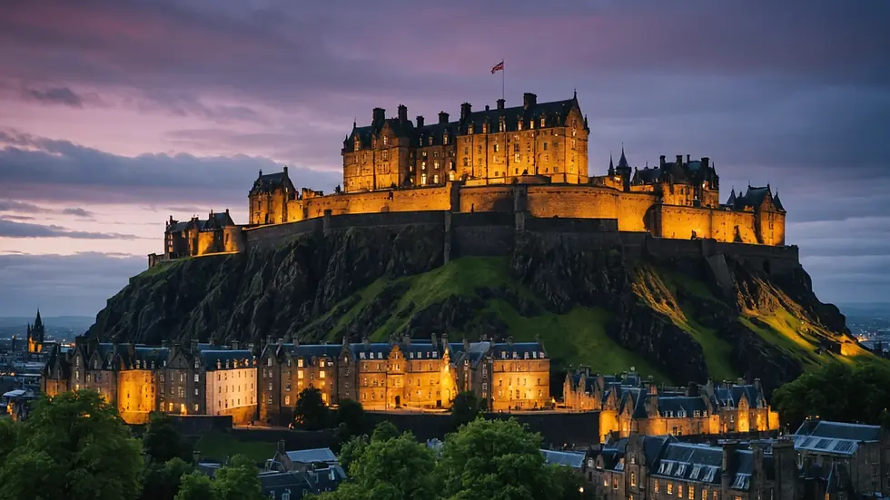 Close-up view of Edinburgh Castle illuminated at dusk