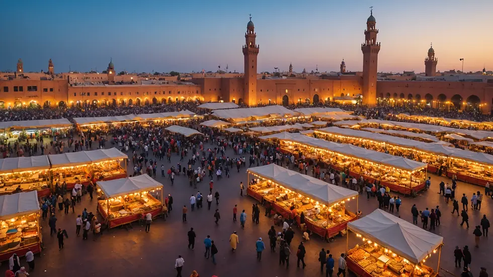 Wide angle view of Djemaa el-Fna bustling with activity