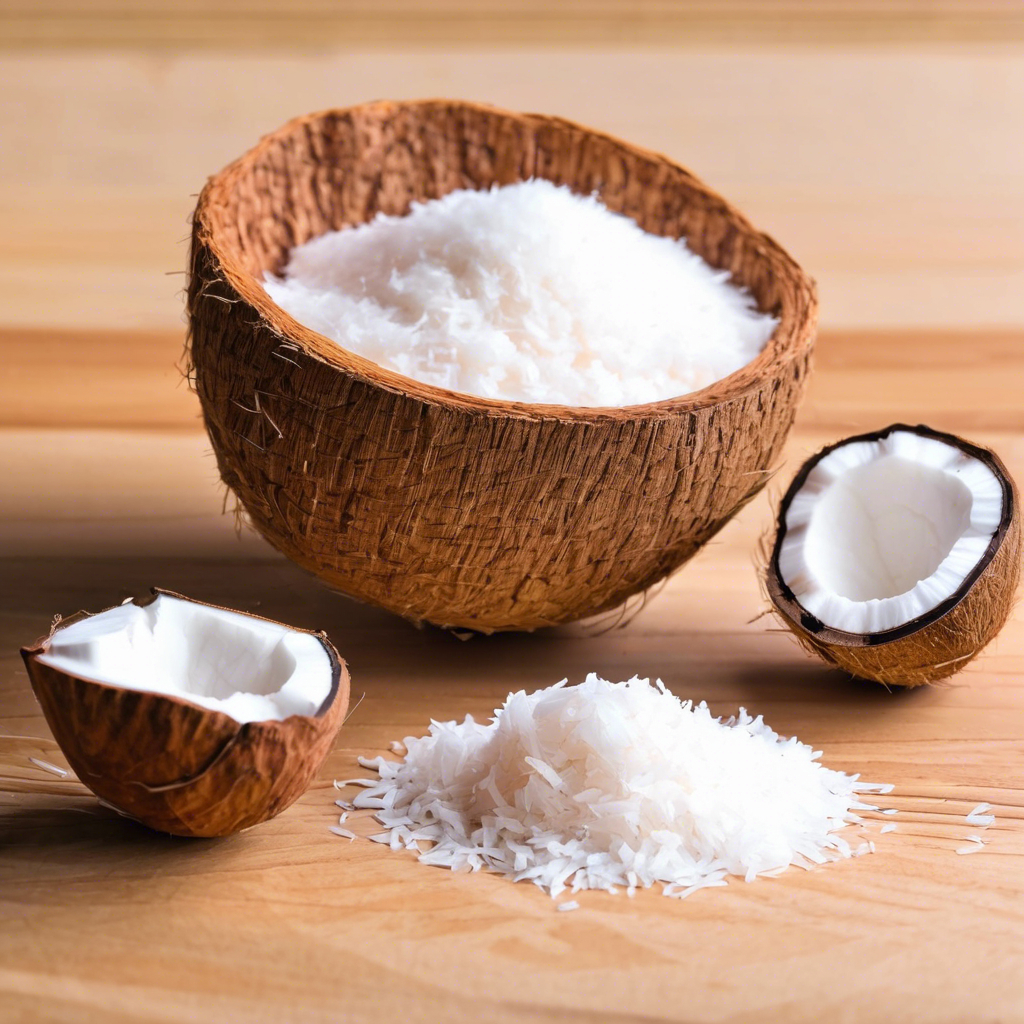 Desiccated coconut in a bowl next to a real coconut