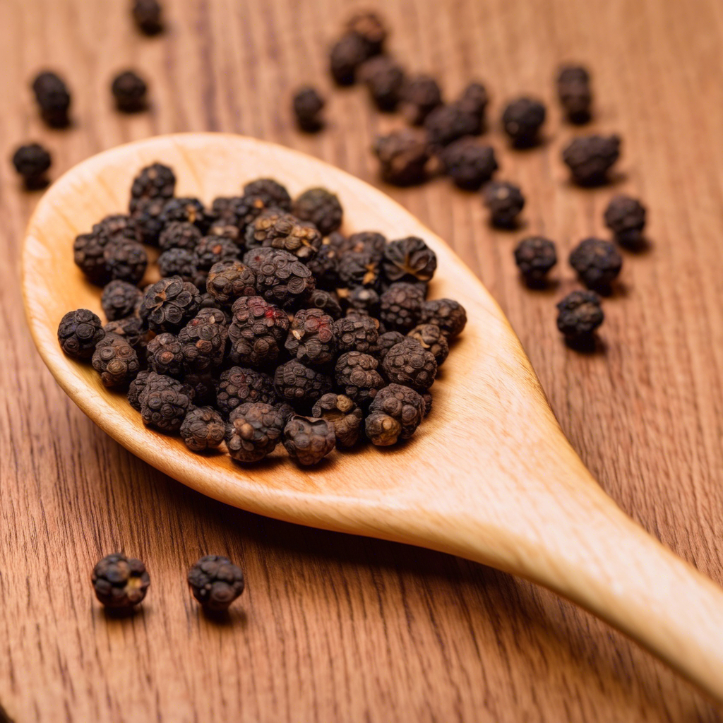 Black pepper on a wooden spoon