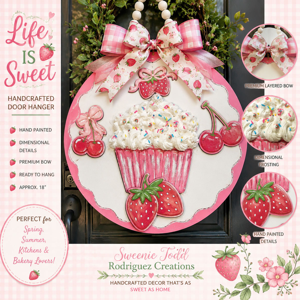 Life is Sweet cupcake door hanger 18” door