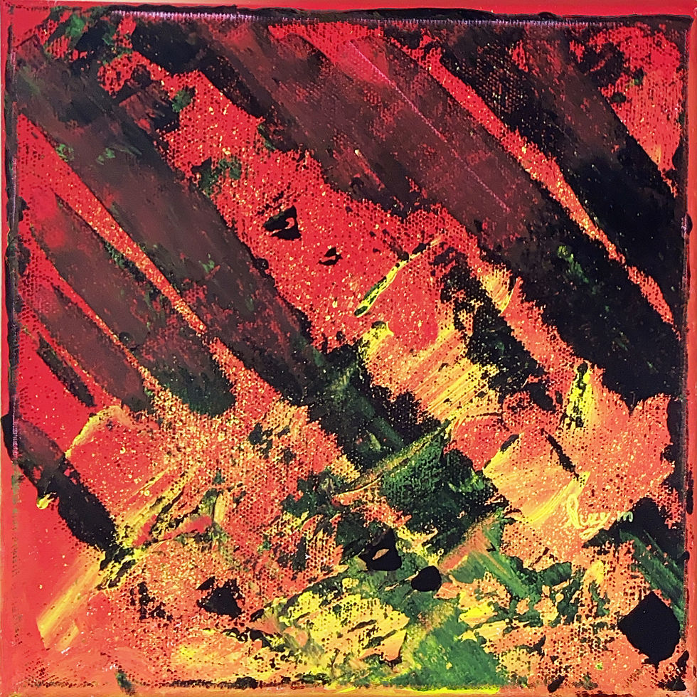 オレンジ、黄、黒の抽象画