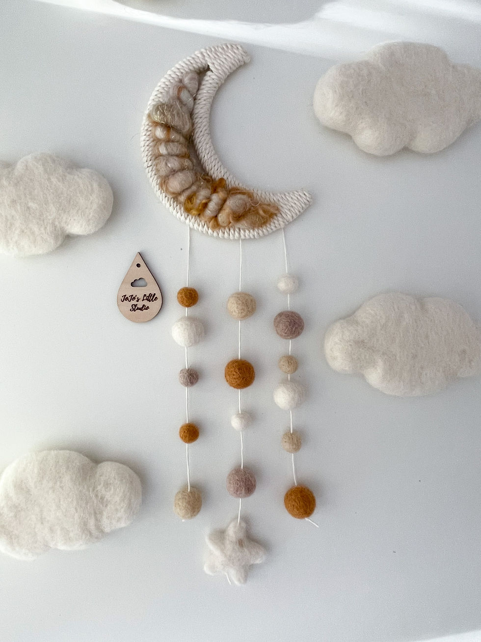 Thumbnail: Droplets Moon Wall Hanging - Gold Rust Handspun Yarn - 10cm