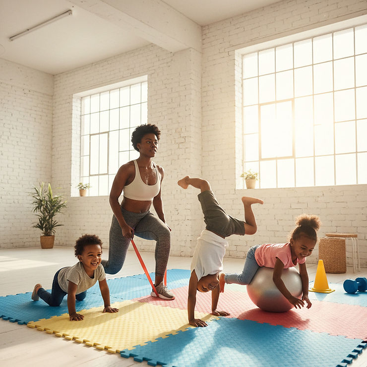 image of black mom working out while her children play in a studio gym setting .jpg