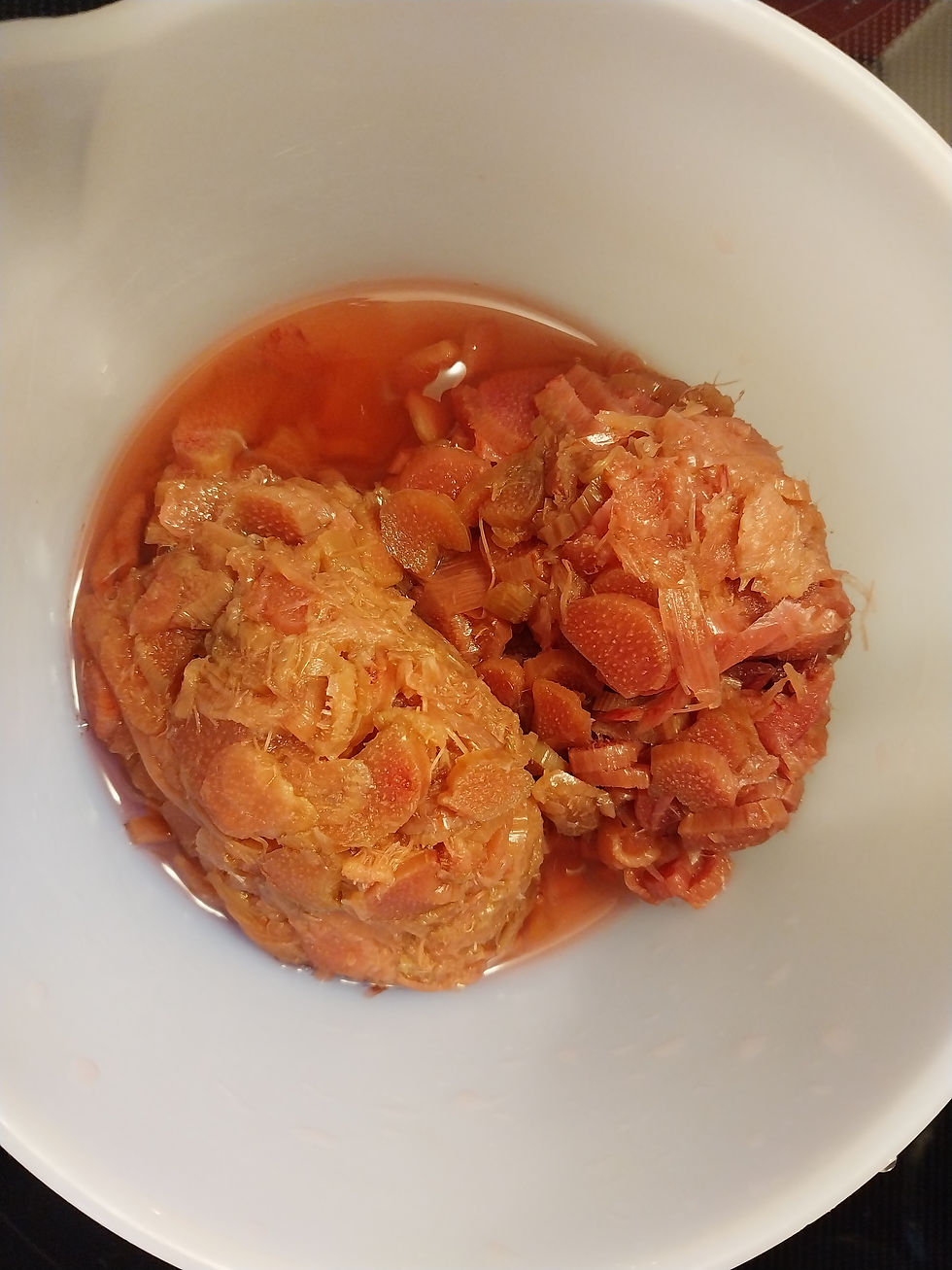 Thawed rhubarb with liquid.