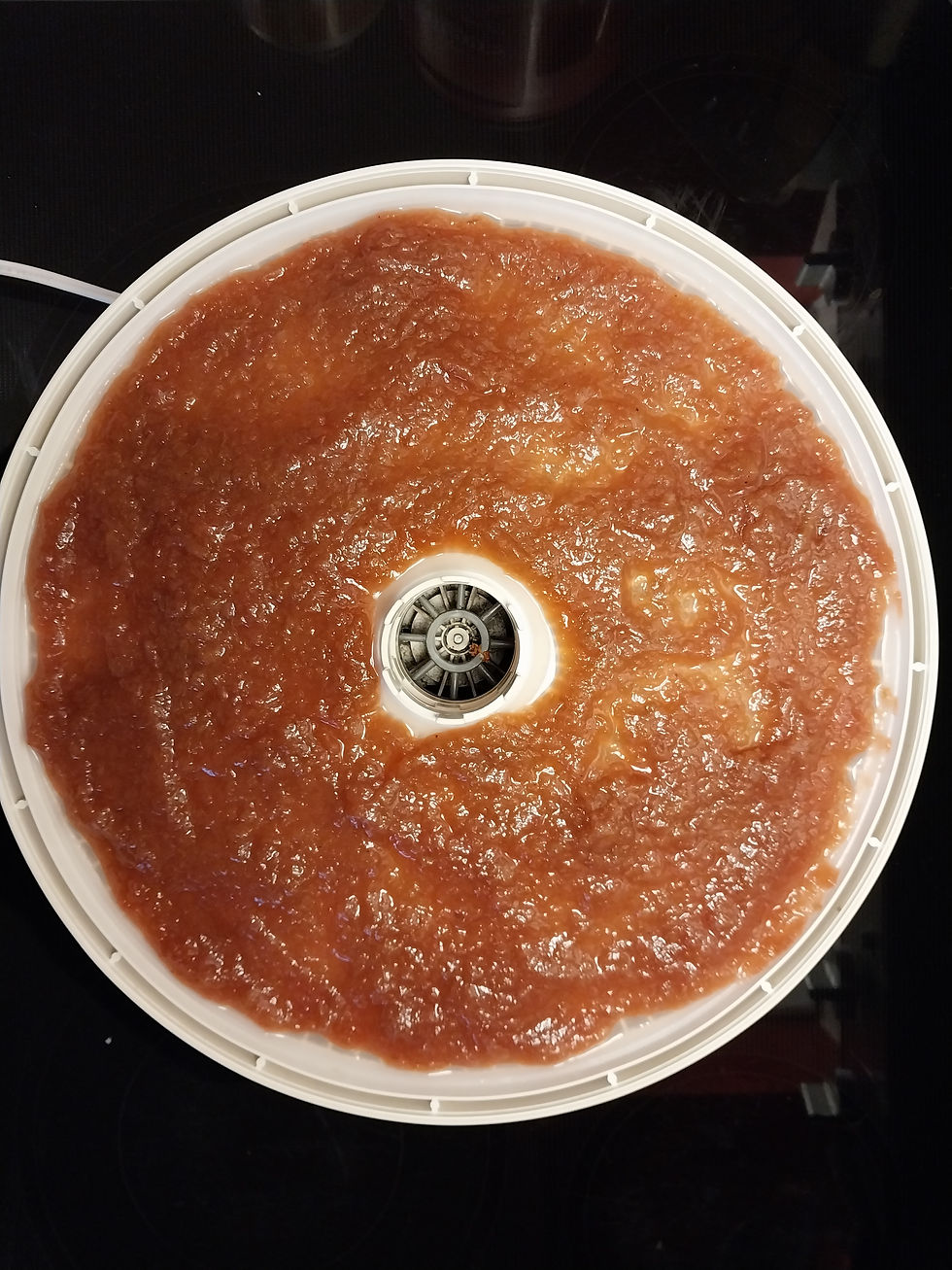 Rhubarb sauce spread out on the fruit leather tray.