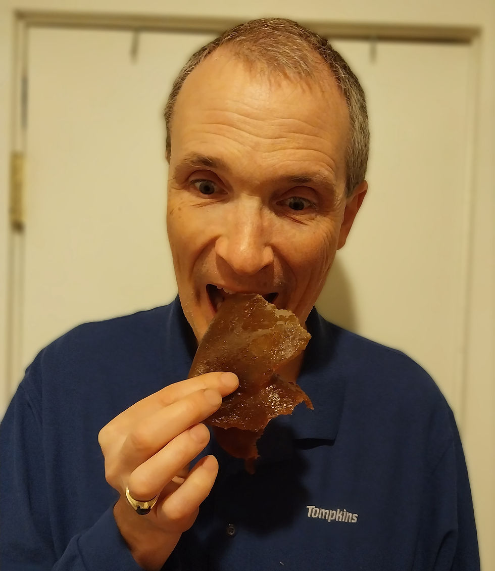 Eric enjoying his "dry pie" rhubarb leather. Man in a blue shirt about to put some fruit leather into his mouth.