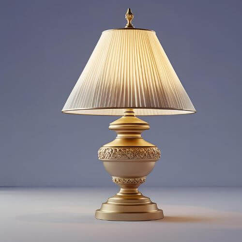 A imagem mostra uma luminária de mesa com design clássico e elegante. A base é arredondada e ornamentada em tons de dourado e bege, com detalhes entalhados que remetem ao estilo antigo. A cúpula é grande, em formato cônico e feita de tecido plissado, em tom claro, que difunde uma luz suave e acolhedora. Ideal para ambientes sofisticados ou com decoração vintage.