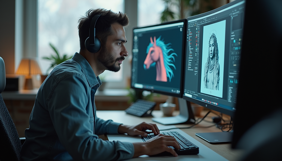 Usuário em frente a duas telas de computador, usando fones e camisa azul, trabalha em ilustrações digitais de um cavalo e uma estátua. Ambiente moderno.