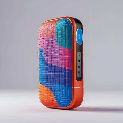 A imagem mostra um dispositivo eletrônico moderno e colorido, com design chamativo. Ele possui: Corpo laranja com superfície frontal texturizada em cores vivas (azul, rosa, roxo e laranja). Botão circular azul na lateral, possivelmente de energia ou função principal. Três pequenas portas ou entradas logo abaixo do botão.