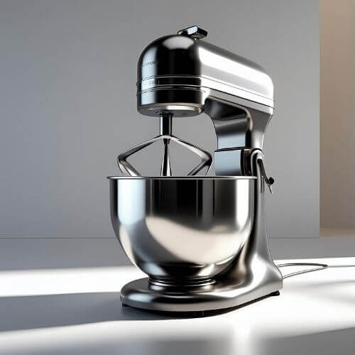 A imagem mostra uma batedeira planetária metálica, com acabamento prateado brilhante, em um ambiente limpo e minimalista. Ela possui um bowl (tigela) grande de inox acoplado, e um batedor em formato de pá. O design é moderno e elegante, com linhas suaves e robustas, ideal para uso doméstico ou profissional na cozinha. É um modelo clássico e sofisticado, geralmente usado para preparar massas, bolos e outras receitas.