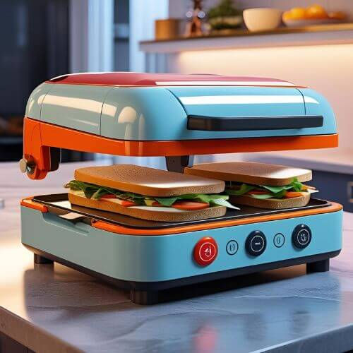 A imagem mostra uma sanduicheira elétrica aberta, com um sanduíche sendo tostado. O sanduíche tem pão de forma, alface, tomate e outros ingredientes. A sanduicheira está ligada e tostando o pão, que já mostra marcas em forma de triângulo. Ao redor, há morangos, uma tábua de corte e utensílios de cozinha.